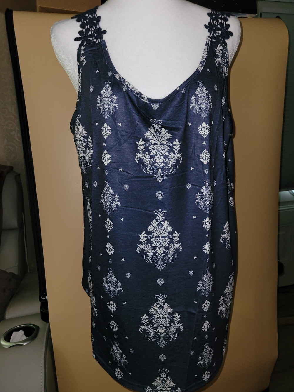 Blue Floral Damask Lace-Trim Tank Top